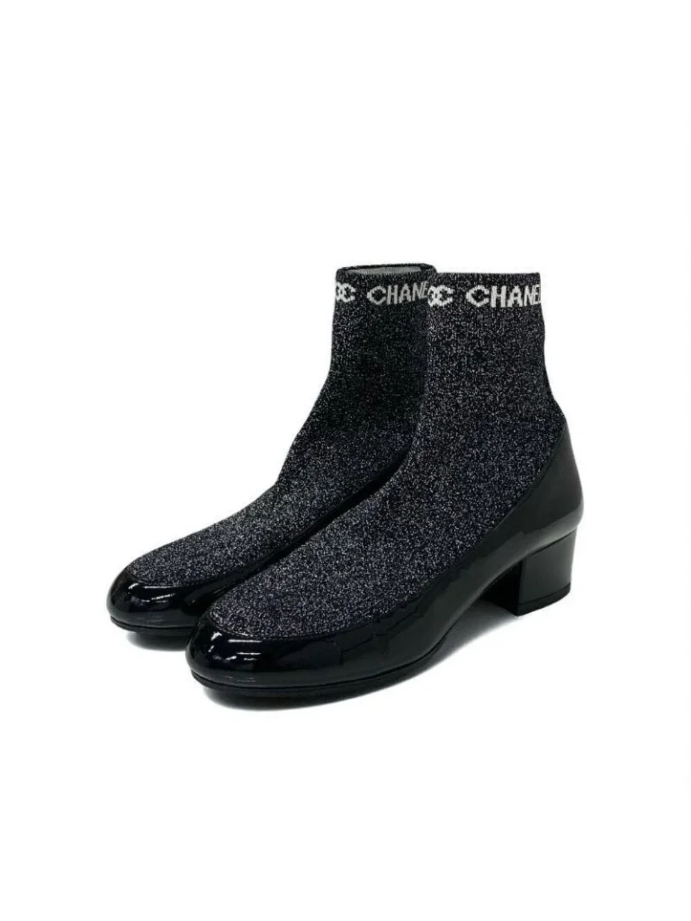 Chanel Boots Short Shoes Patent Fabric Black Silver Coco Mark Lame Sock - Picture 2 of 10